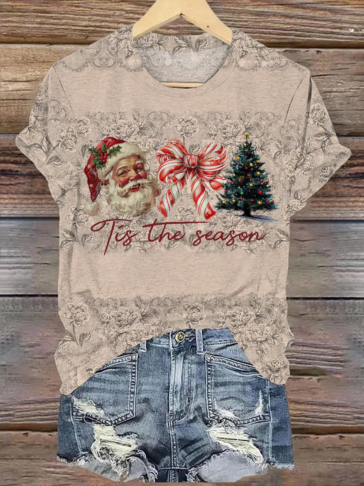 Women's Retro Christmas Tis The Season Print V-Neck T-Shirt