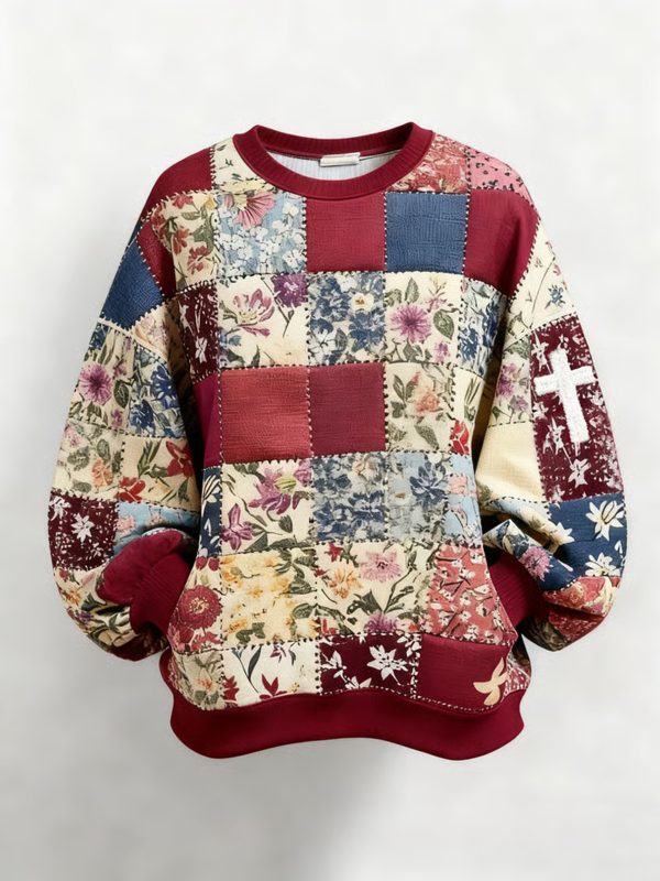 Womens Retro Winter Christmas Floral Cross Print Hoodie