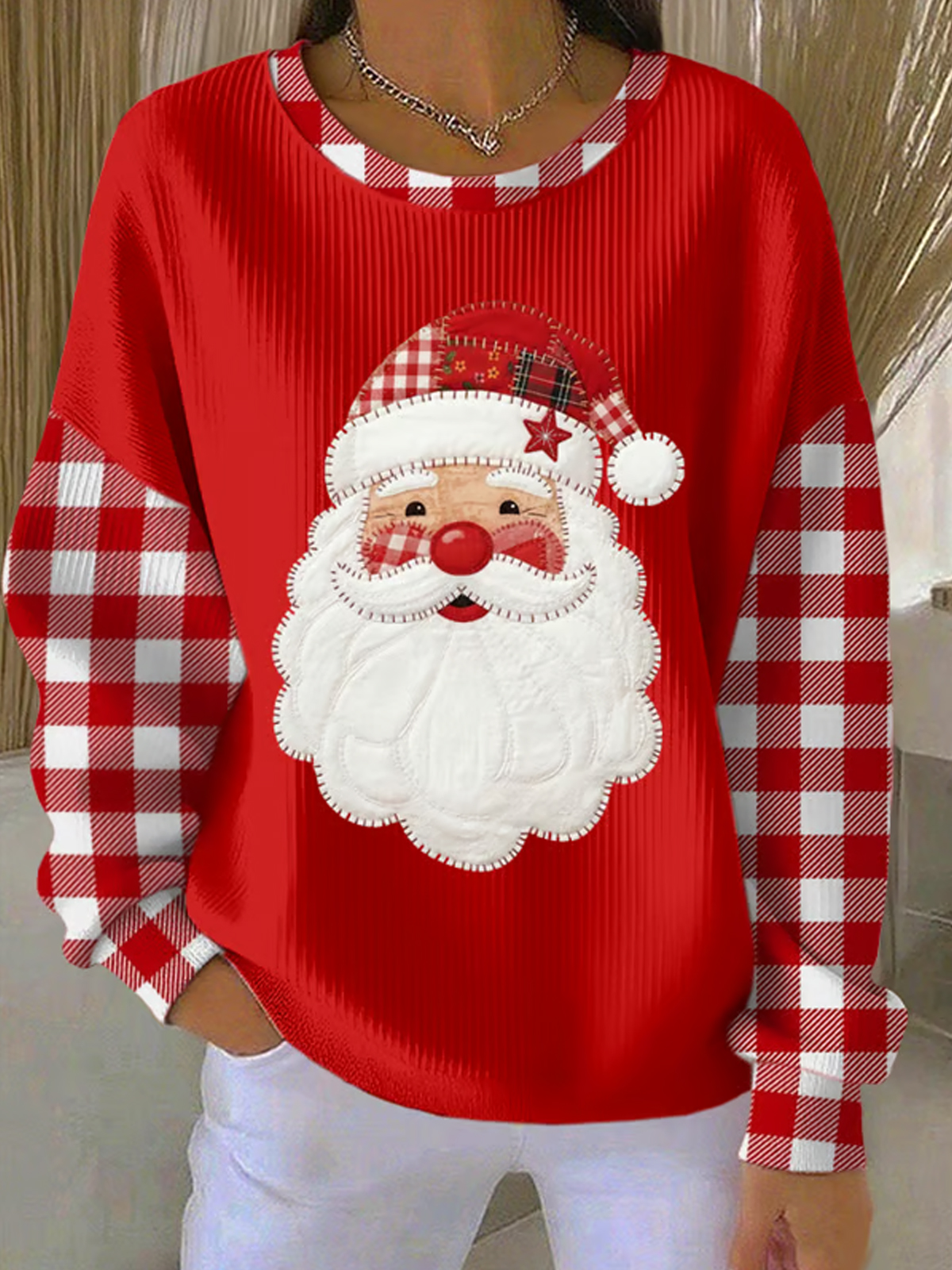 Women's Santa Claus Print Knitted Crew Neck Sweatshirt