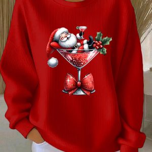 Womens Santa Claus Printed Ribbed Round Neck Sweatshirt