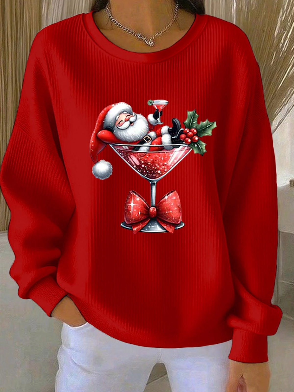 Women's Santa Claus Printed Ribbed Round-Neck Sweatshirt