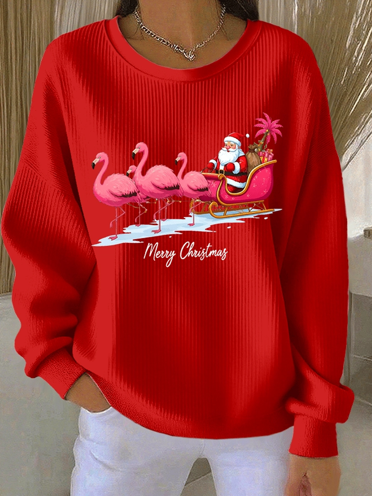 Women's Santa Claus Printed Ribbed Round-Neck Ugly Sweatshirt