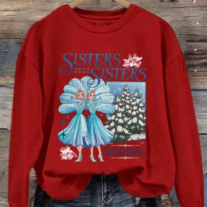 Womens Sisters Christmas Printed Round Neck Sweatshirt 1