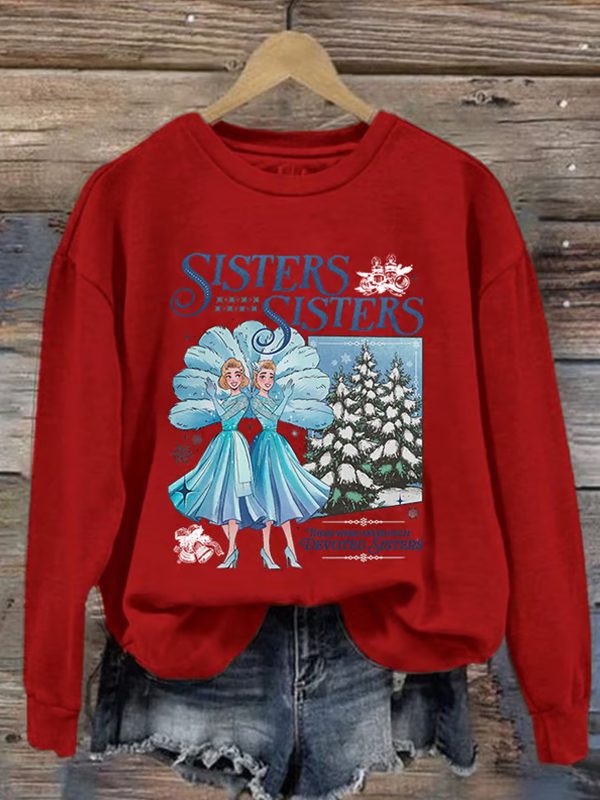 Womens Sisters Christmas Printed Round Neck Sweatshirt 1