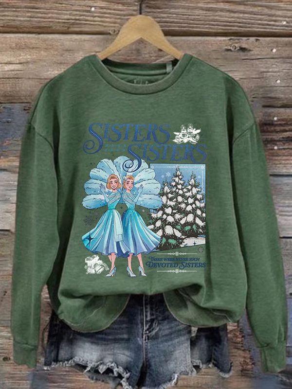 Womens Sisters Christmas Printed Round Neck Sweatshirt 2