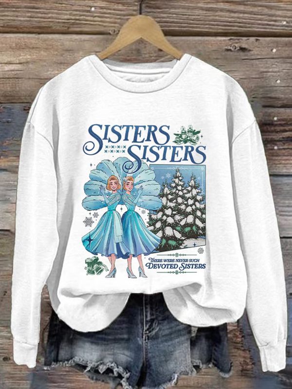 Womens Sisters Christmas Printed Round Neck Sweatshirt 3