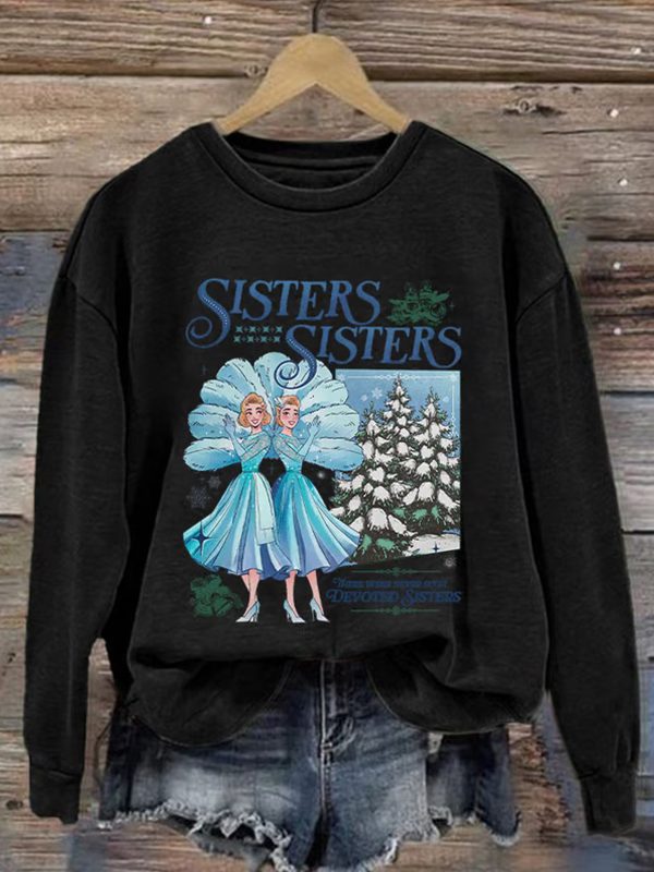 Womens Sisters Christmas Printed Round Neck Sweatshirt