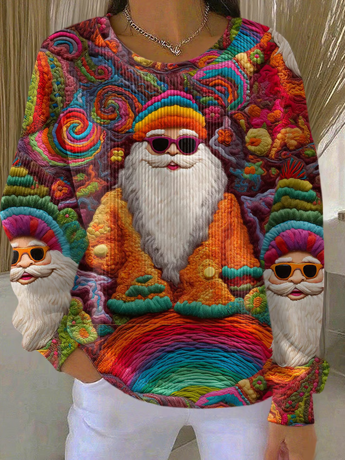 Women's Vintage Pastel Santa Print Casual Sweatshirt