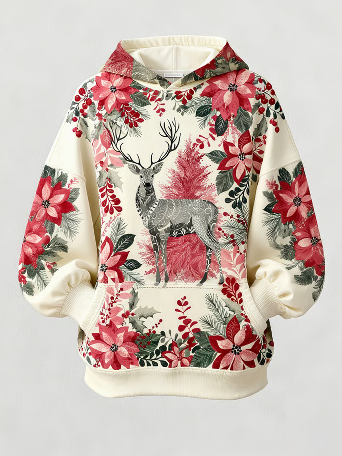 Women's Winter Christmas Elk Floral Holiday Print Hoodie