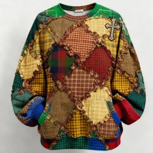 Womens Winter Christmas Plaid Cross Holiday Print Crew Neck Sweatshirt