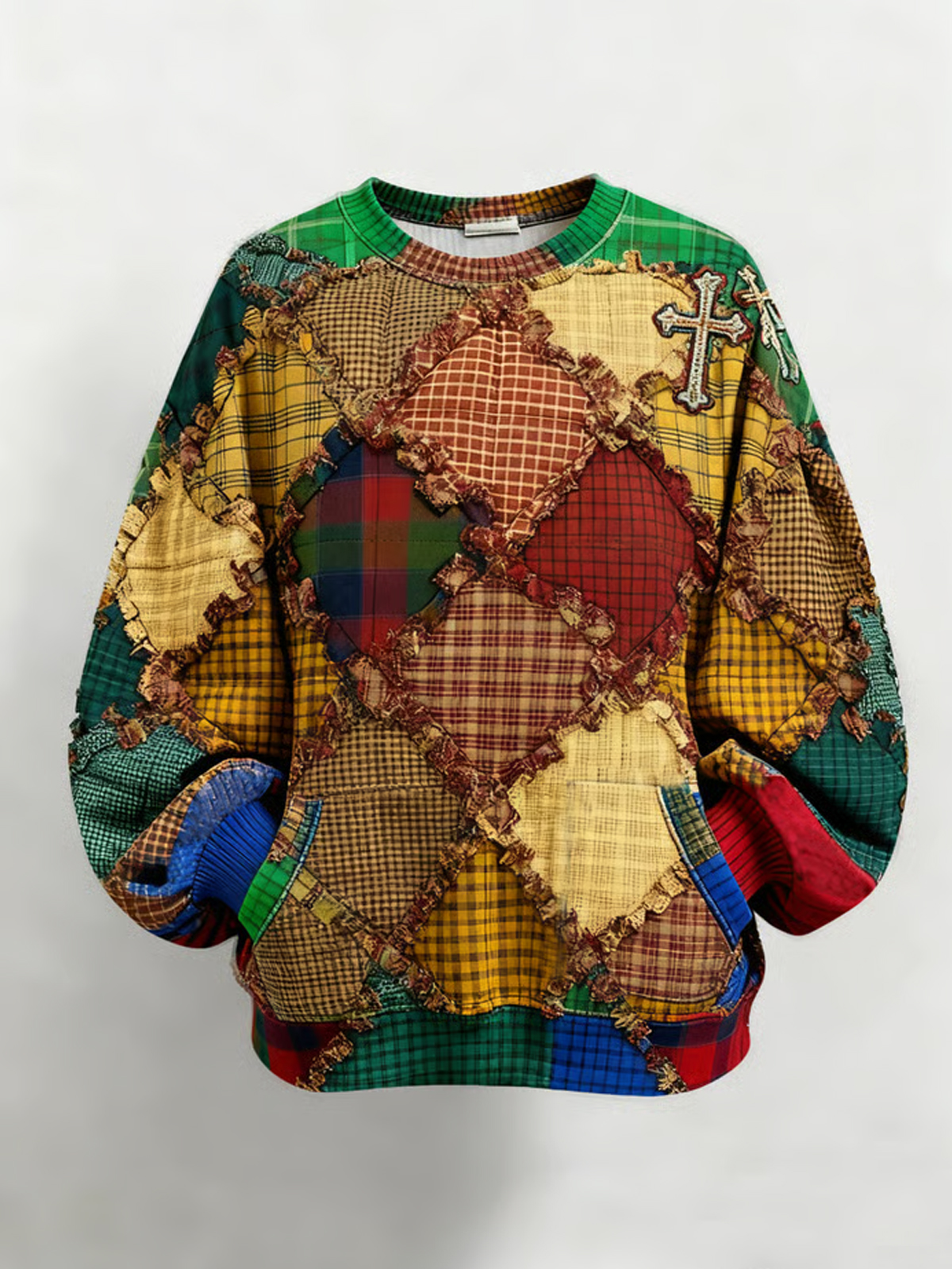 Women's Winter Christmas Plaid Cross Holiday Print Crew Neck Sweatshirt