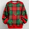 Womens Winter Christmas Red Plaid Holiday Print Crew Neck Sweatshirt