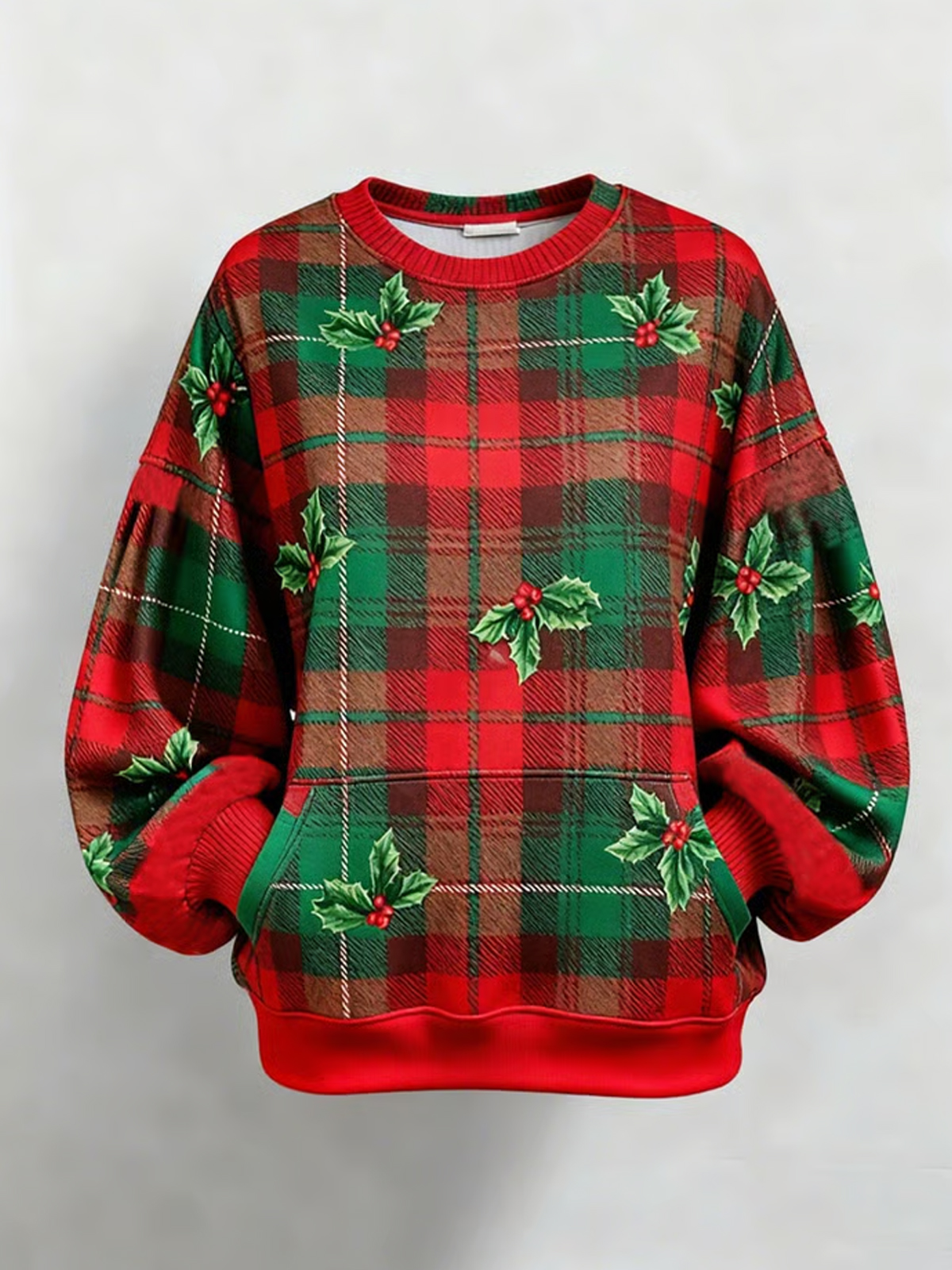 Women's Winter Christmas Red Plaid Holiday Print Crew Neck Sweatshirt