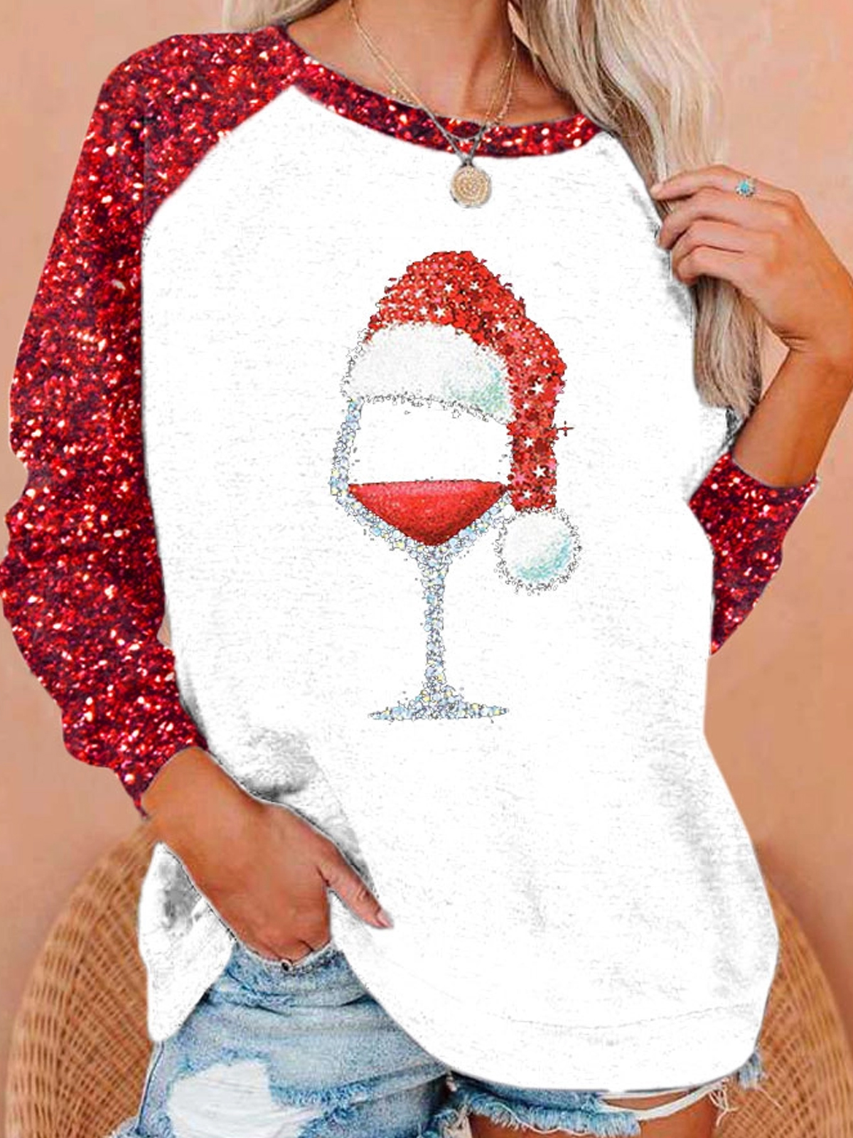 Women's santa hat Printed raglan sleeve sweatshirt