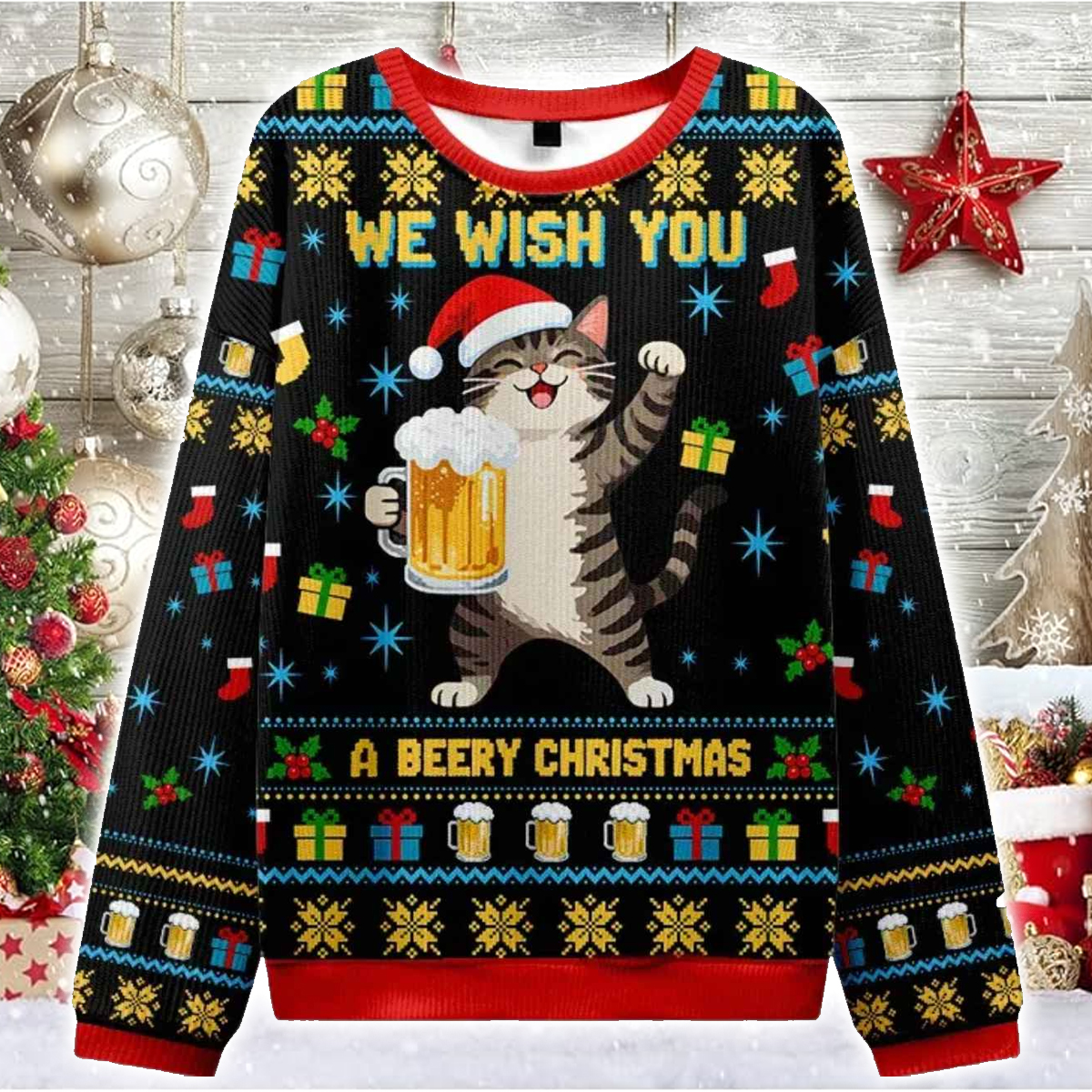 Cute Cat Drinking Beer Ugly Sweater
