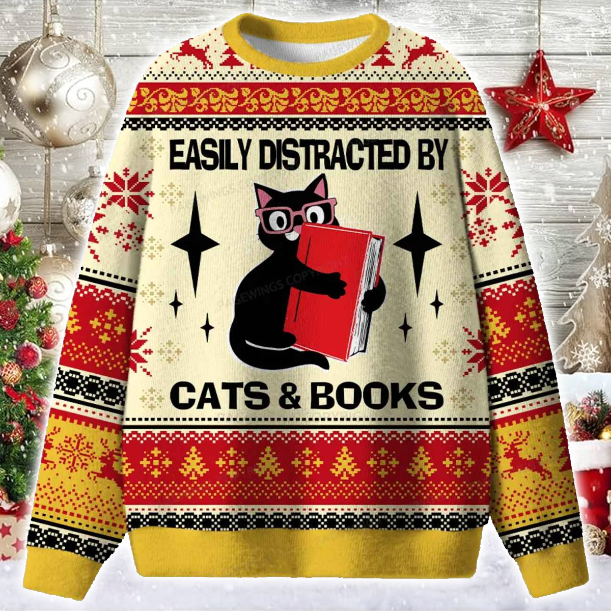 Easily Distracted By Cats And Books Ugly Christmas Sweater