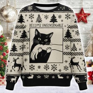 Black Cat Biting Christmas Ugly Sweater