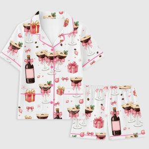 Womens Pink Champagne Cocktail Martini Holiday Whisky Christmas Gifts Pajama Set 1