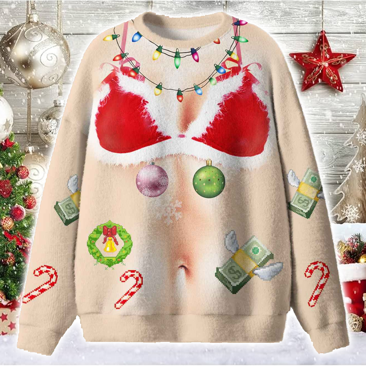 Light Bikini Santa Ugly Christmas Sweater