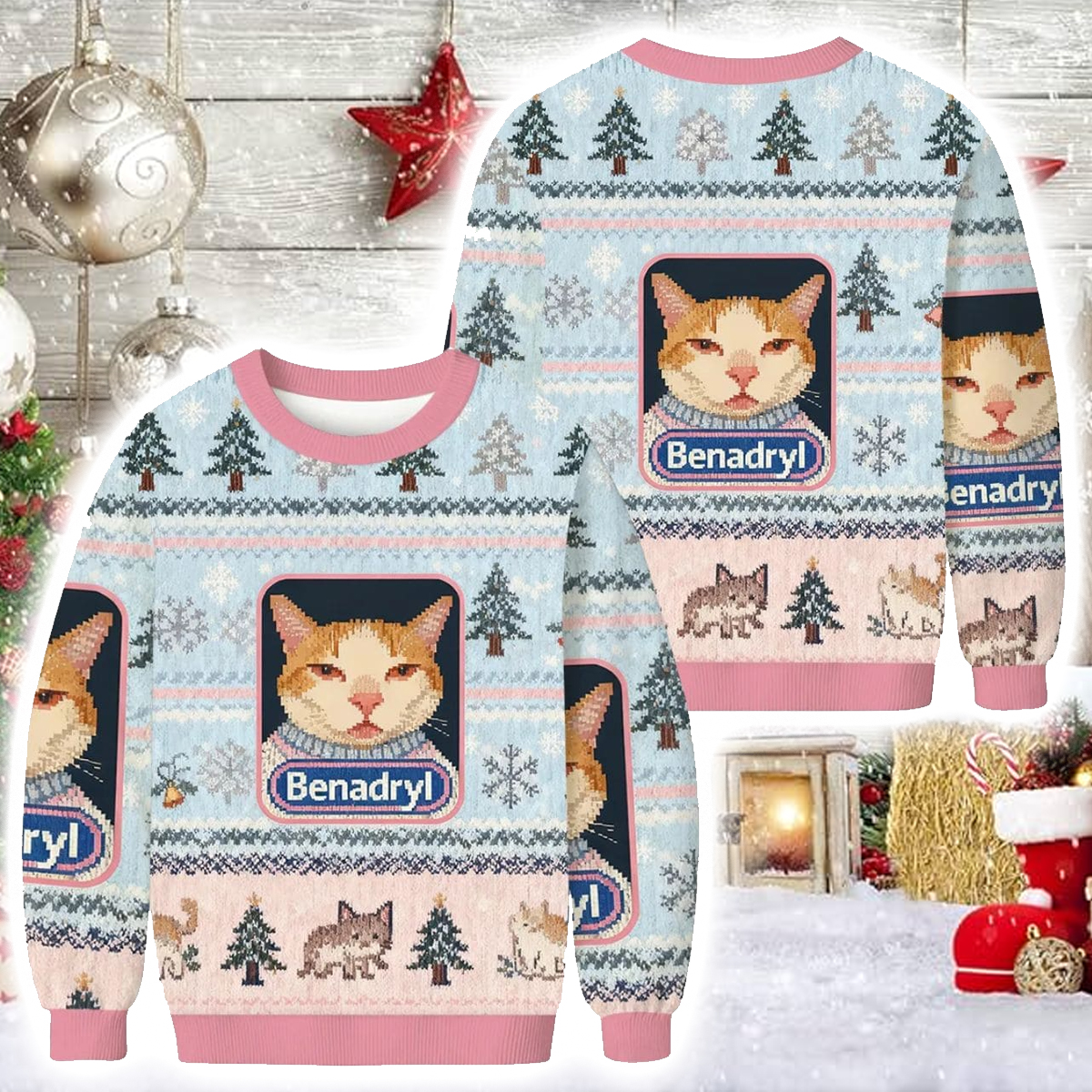Pink Benadryl Meme Cat Christmas Ugly Sweater