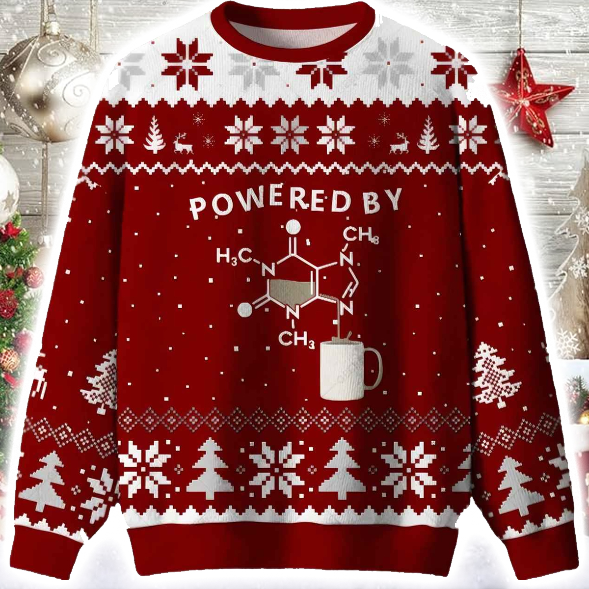 Powered By Caffeine Ugly Christmas Sweater