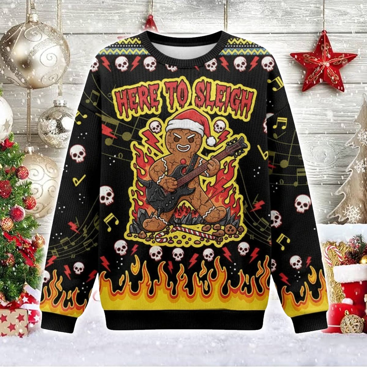 Rock And Roll Gingerbread Man Christmas Ugly Sweater