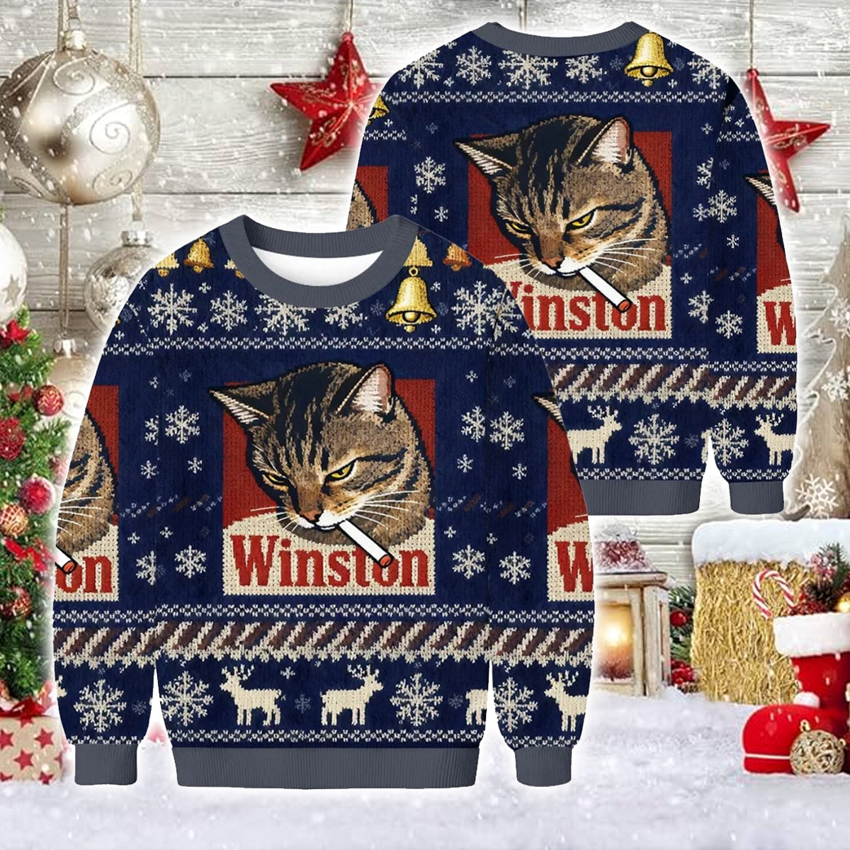 Winston Smoking Cat Christmas Ugly Sweater