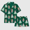 Womens Christmas Tree Nutcracker Coquette Preppy Holiday Short Sleeve Pocket Cotton Pajama Set