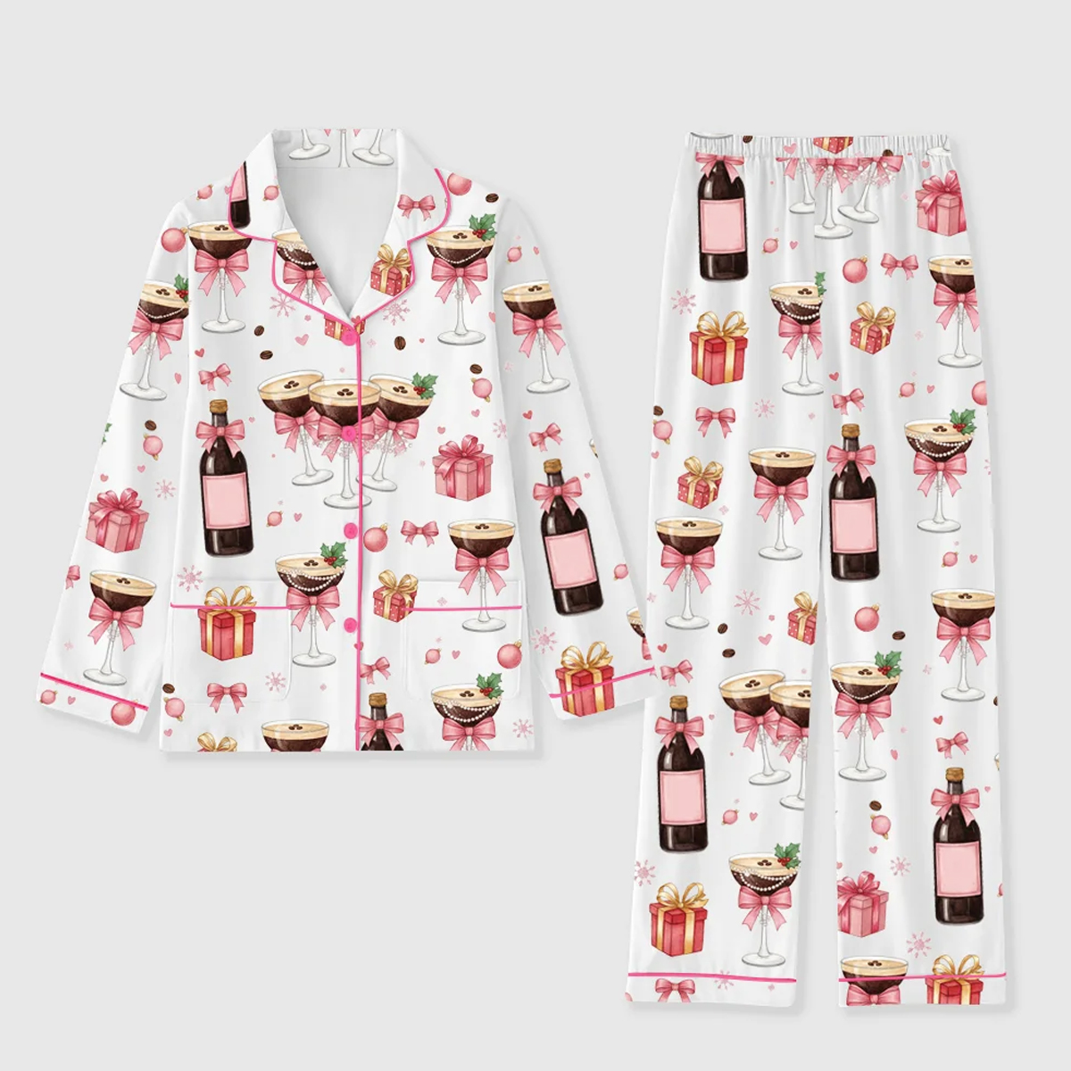 Womens Pink Champagne Cocktail Martini Holiday Whisky Christmas Gifts Pajama Set