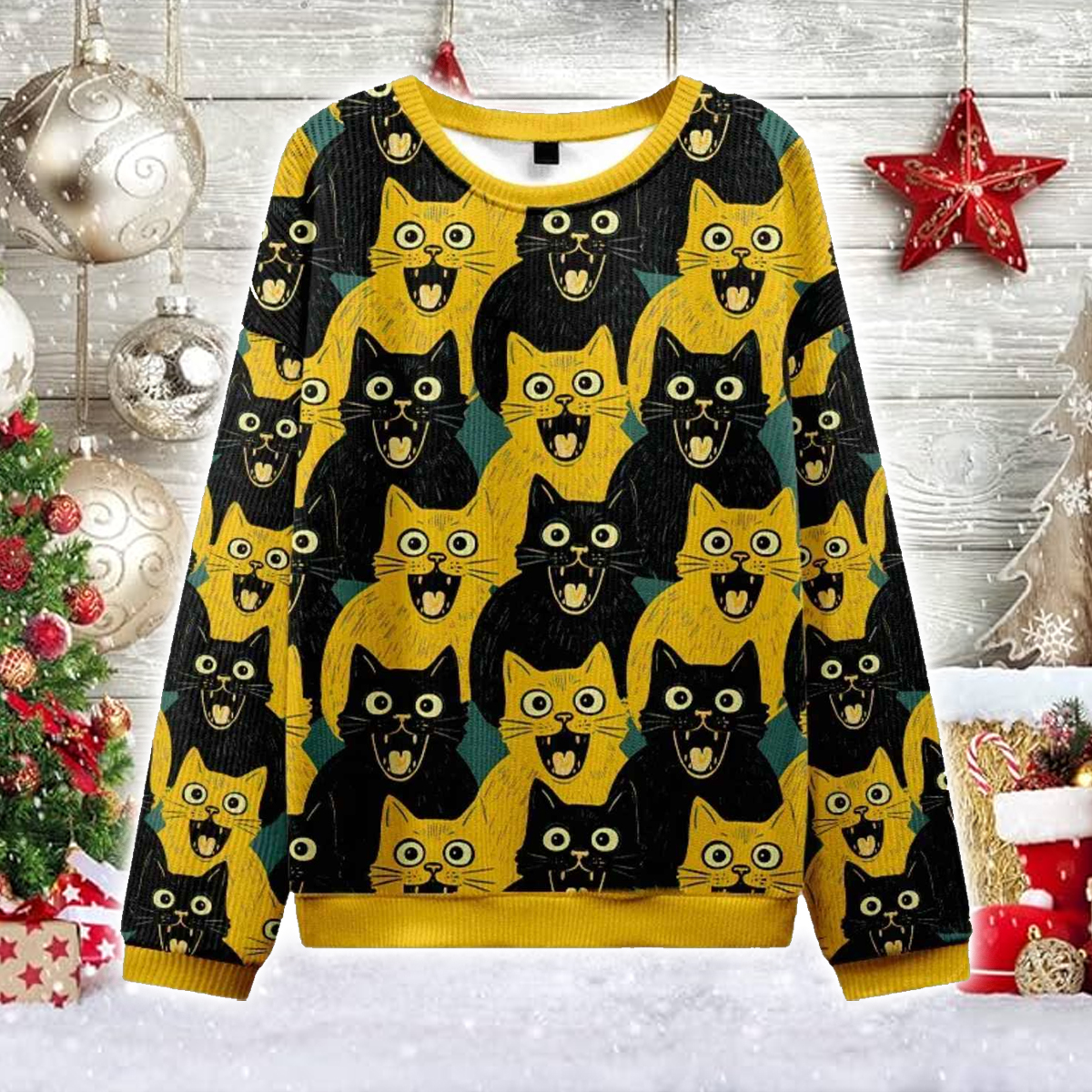 Yellow Cat And Black Cat Christmas Ugly Sweater
