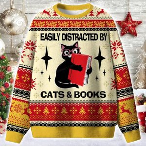 Easily Distracted By Cats And Books Ugly Christmas Sweater
