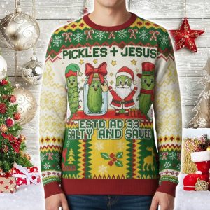 Pickles Jesus ESTD AD 33 Salty And Saved Ugly Christmas Sweater