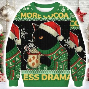 More Cocoa Less Drama Cat Meme Christmas Ugly Sweater