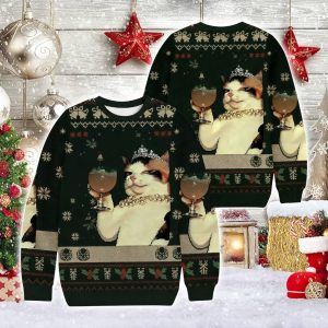 Champagne Cat Christmas Ugly Sweater