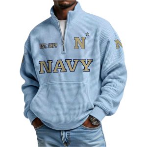 Est 1879 Navy Football Waffle Stand Collar Half Zip Sweatshirt 1