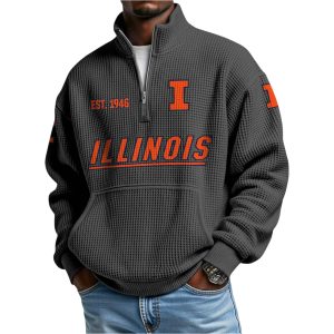 Illinois Est 1946 Waffle Stand Collar Half Zip Sweatshirt 1