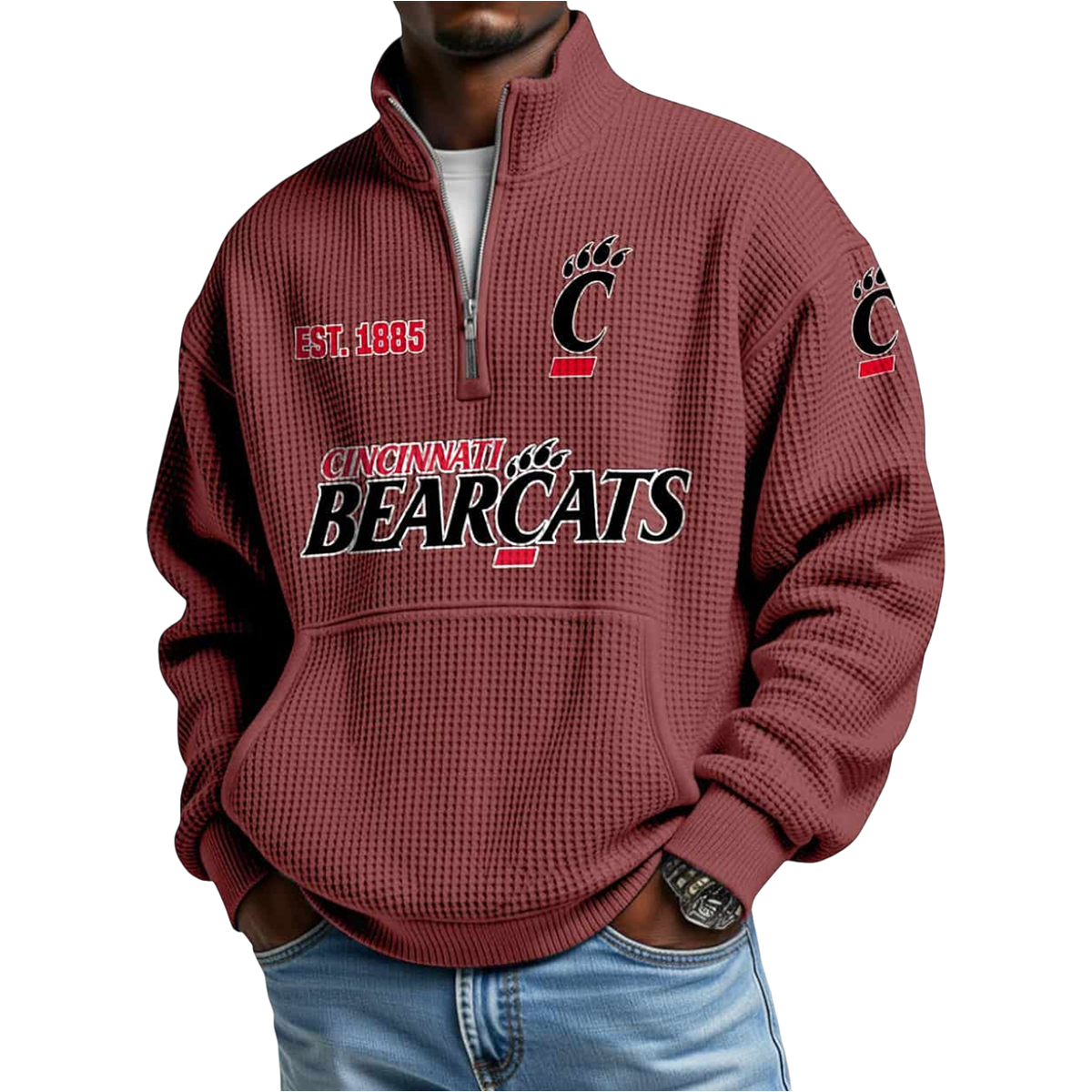 Est 1885 Bearcats Waffle Stand Collar Half Zip Sweatshirt