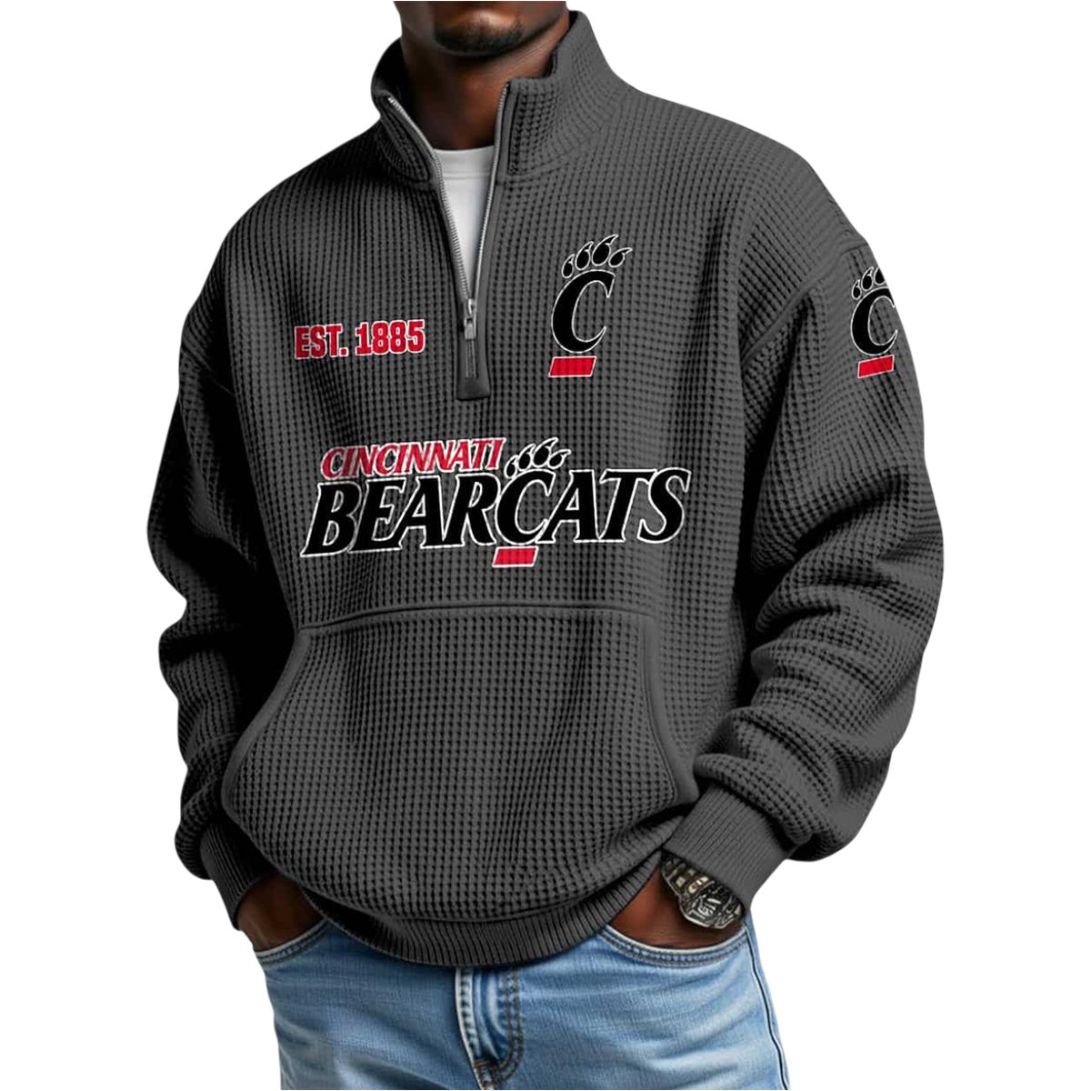 Est 1885 Bearcats Waffle Stand Collar Half Zip Sweatshirt 2