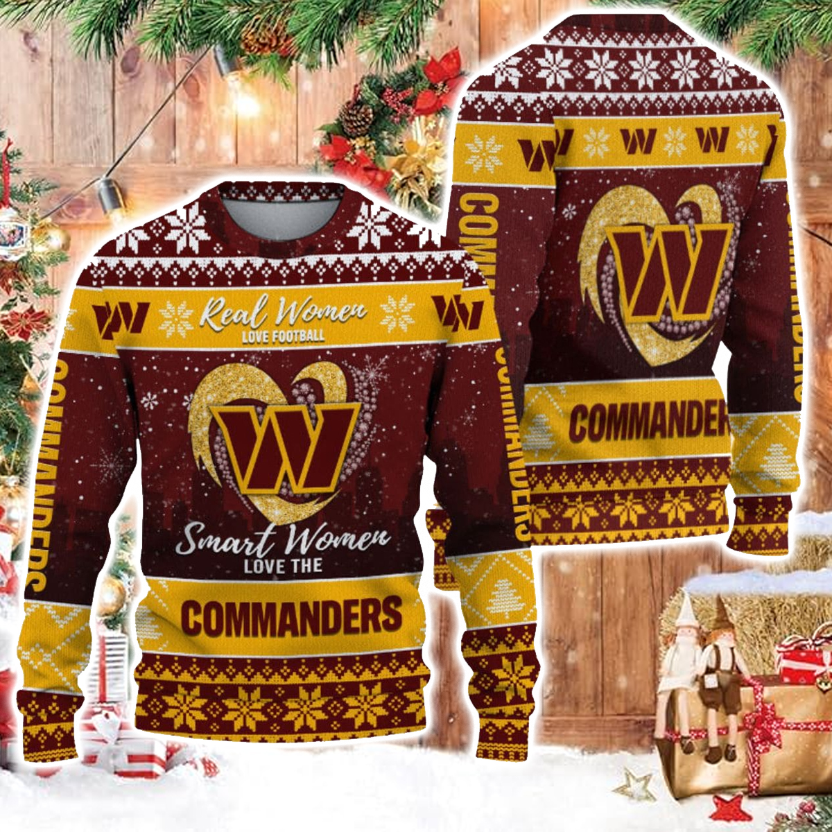 Real Women Love Football Smart Women Love The Commanders Ugly Christmas Sweater