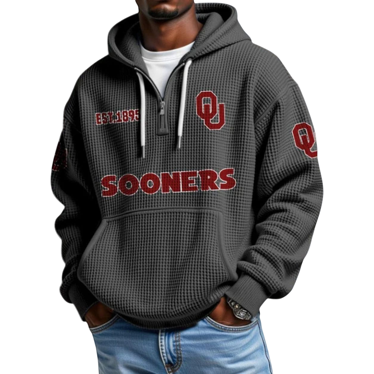 Sooners EST 1895 College Football Half Zip Waffle Hoodie