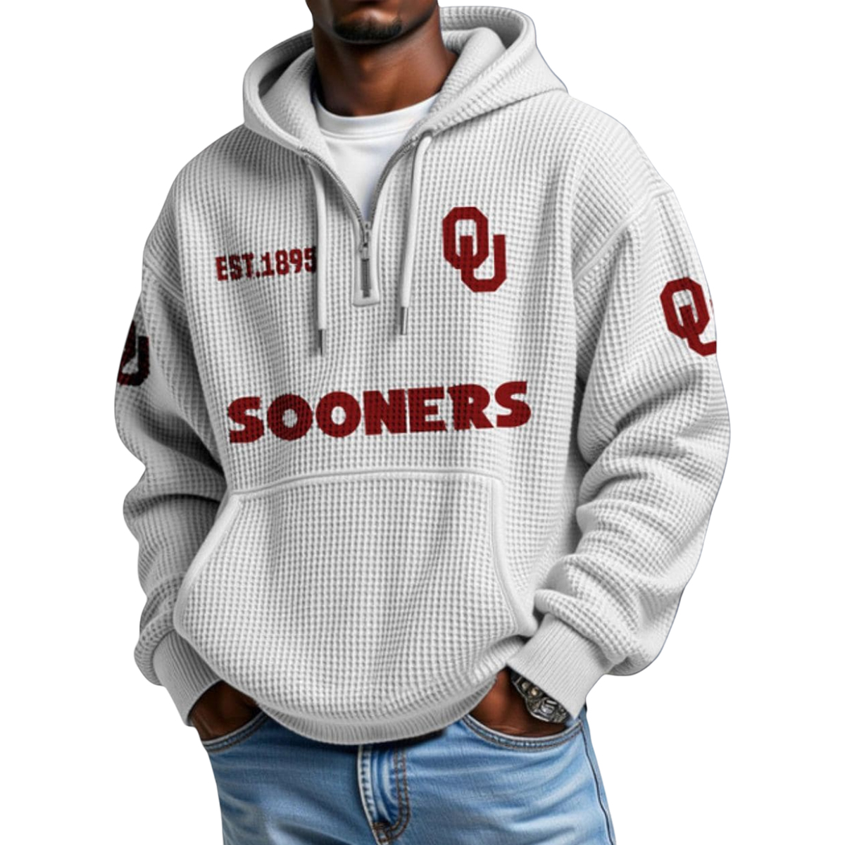 Sooners EST 1895 College Football Half Zip Waffle Hoodie 2