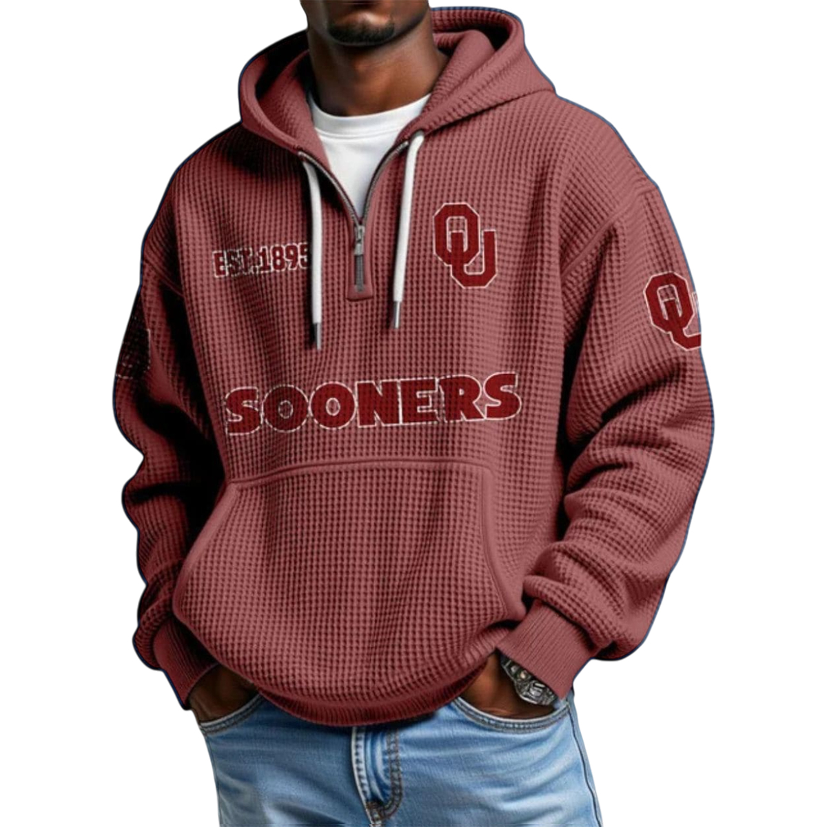 Sooners EST 1895 College Football Half Zip Waffle Hoodie 3