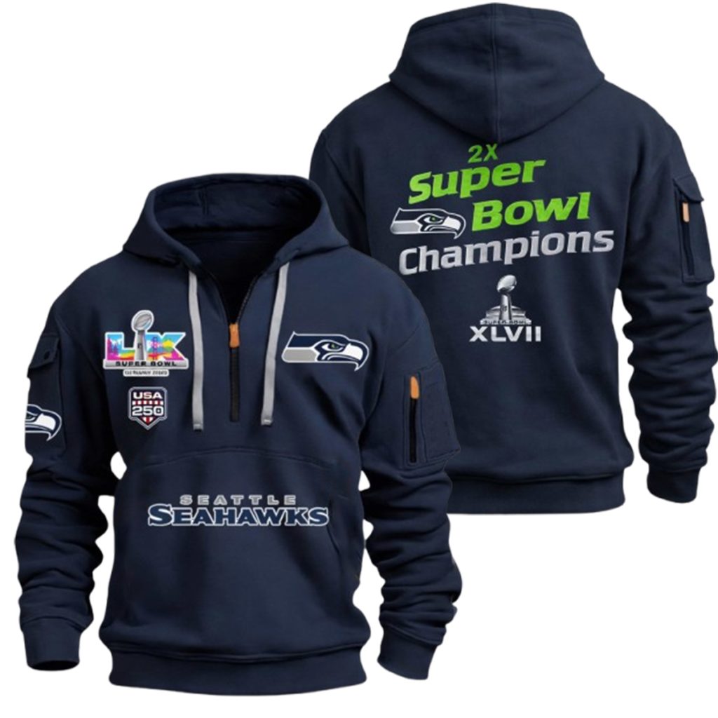 2026 Seahawks 2x Super Bowls Champions Quarter Zip Hoodie